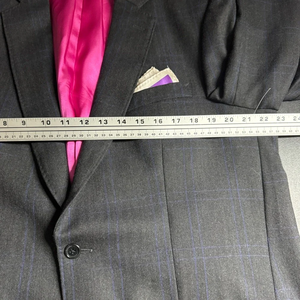 Custom Tailored Jacket Mens 44R Charcoal Grey Herringbone‎ Windowpane Blazer